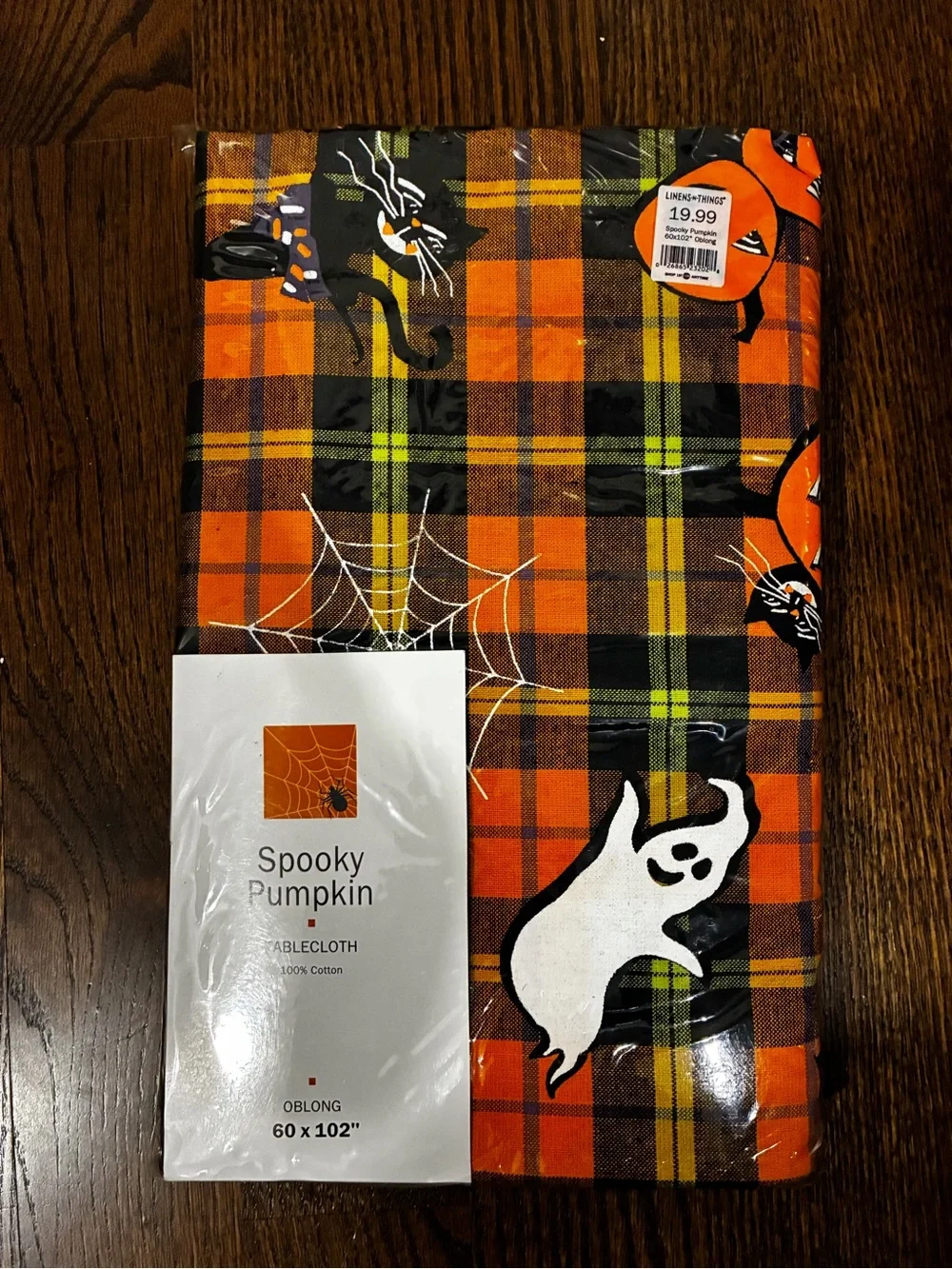 Spooky Pumpkin Halloween Tablecloth - Orange Plaid Ghost & Spiderweb Design